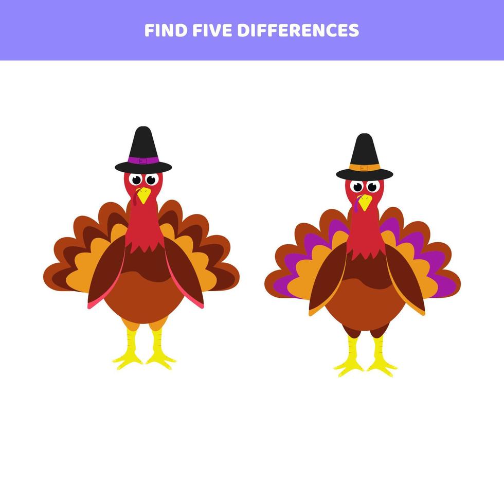 Find five differences between cartoon turkeys. vector