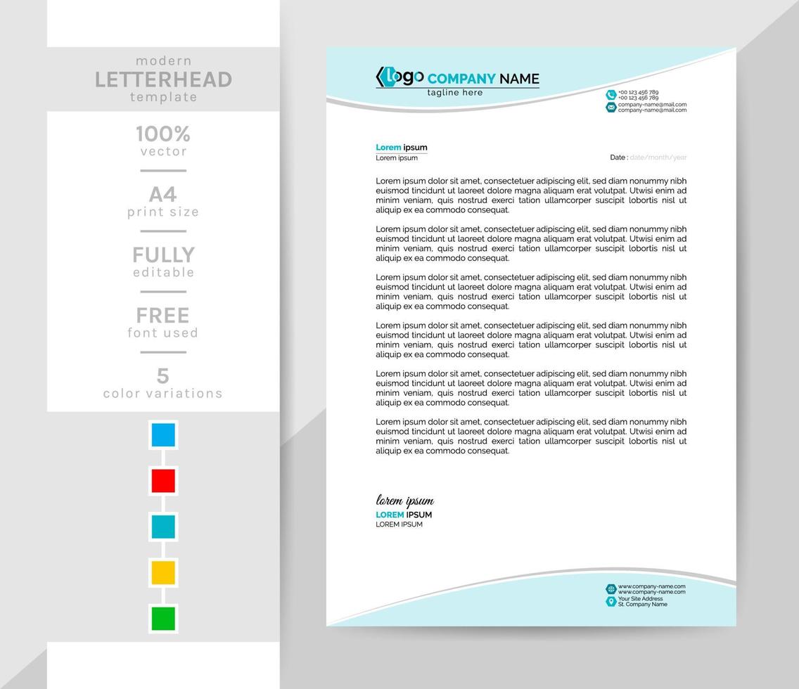 A4 size Business letterhead template. This modern creative and elegant letterhead is a must for your office. 2 theme colorwork, black, and others. vector