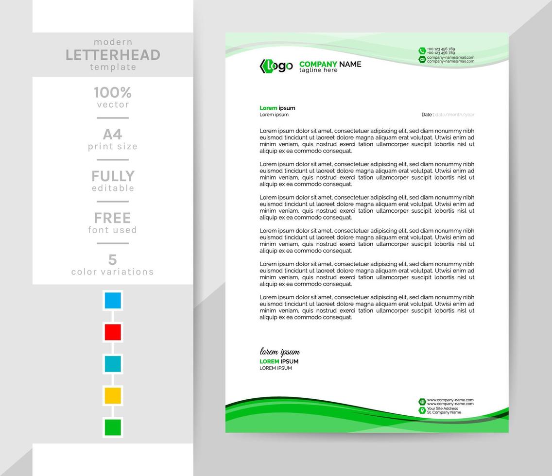 A4 size Business letterhead template. This modern creative and elegant letterhead is a must for your office. 2 theme colorwork, black, and others. vector