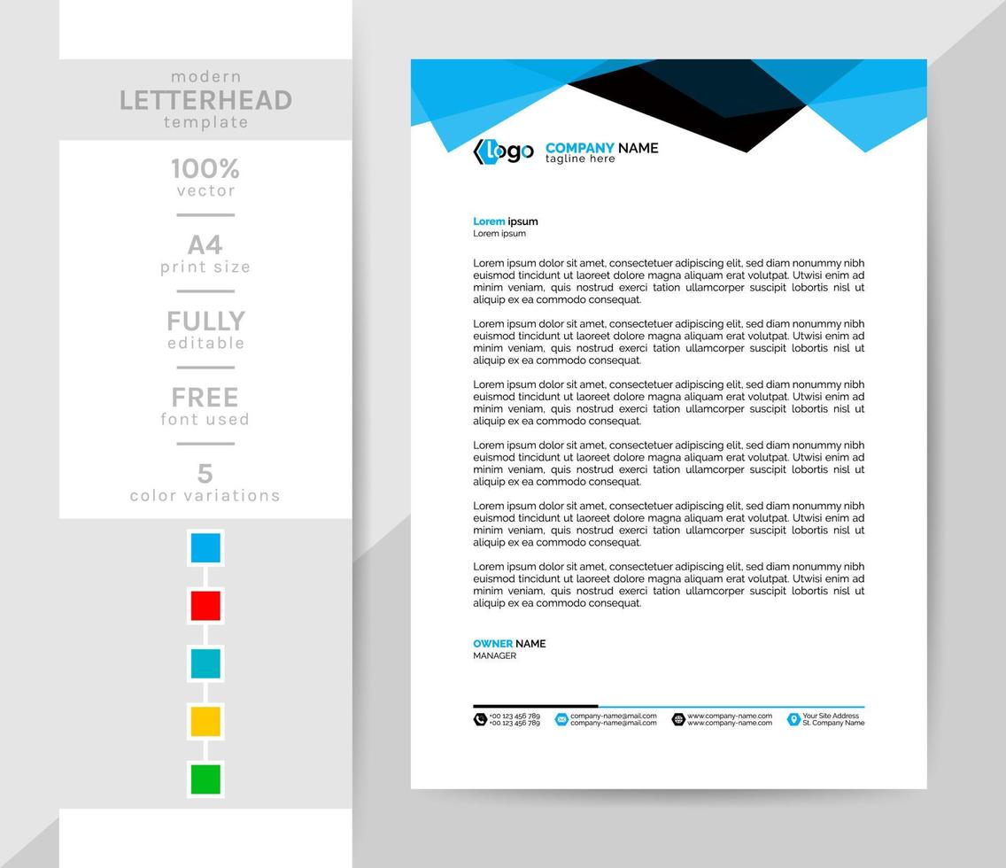 A4 size Business letterhead template. This modern creative and elegant letterhead is a must for your office. 2 theme colorwork, black, and others. vector