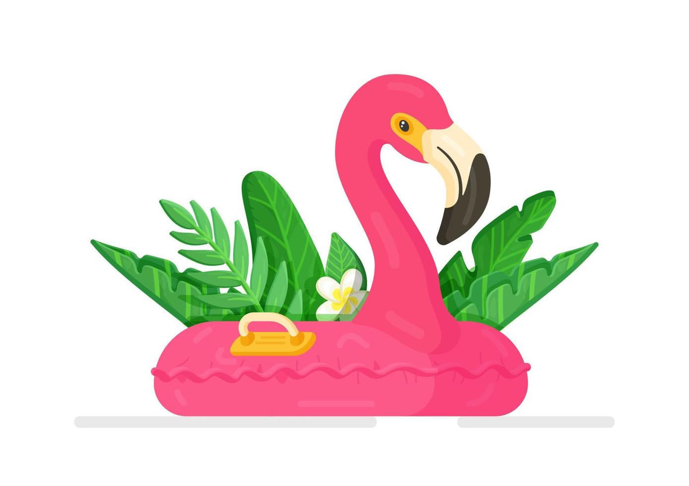 Vector illustration of an isolated inflatable flamingo on a white background. Tropical Flamingo. Pink flamingo inflatable float.  Green tropical leaves on background.