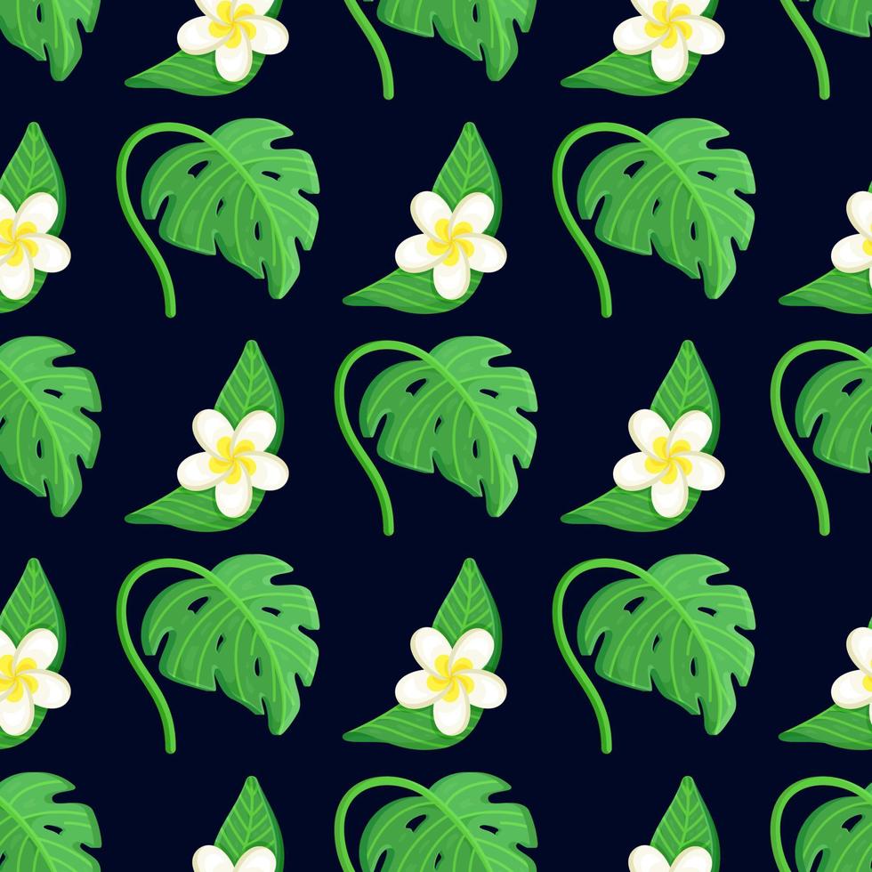 Vector illustration of tropical leaf print on black background. Beautiful seamless tropical jungle floral pattern background with palm leaves.