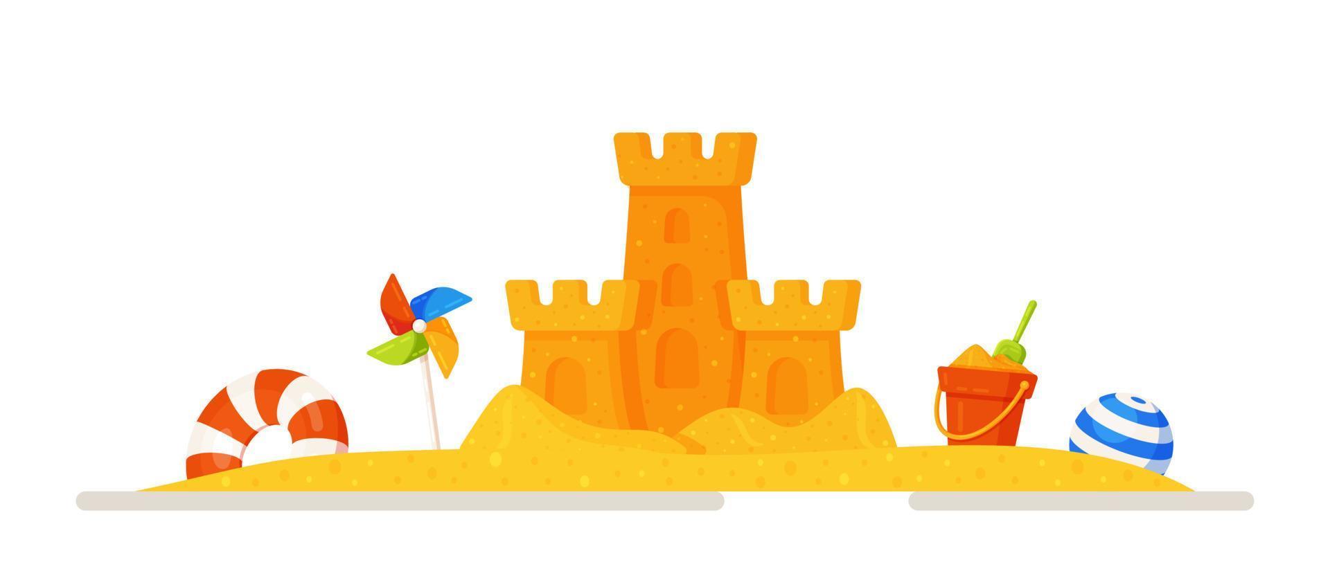 ilustración vectorial de un castillo de arena en un castillo de sandbox.sand con un cubo de juguete para niños y una pequeña bandera roja en un estilo plano, aislado en un fondo blanco. concepto de recreación de vuelo. vector