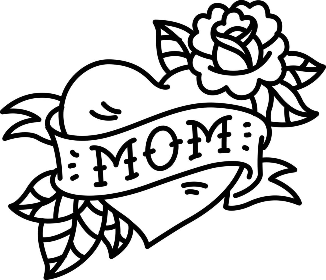 A tattoo with the inscription of Mom. A heart and flower tattoo with a flower. Tattoo in the style of the American old school. Vector flat tattoo. The illustration is isolated on a white background.