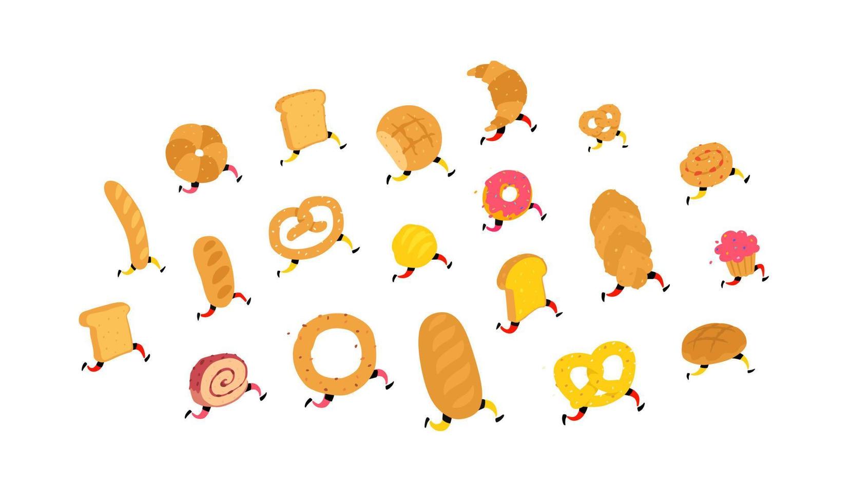 Characters Bakery Products. Vector. Running characters with legs. Icons for the site. Delivery of fresh bakery and confectionery. Signs, logo for the store and packaging. Delicious bread. vector