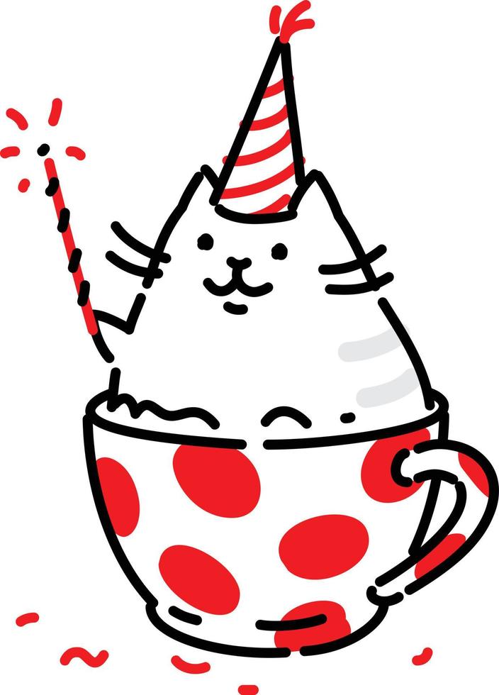 Cartoon funny cat, in a cup. Vector flat illustration. The character is isolated on a white background. Logo for a coffee house, restaurant. Cat's life. Character for the site and print postcards.