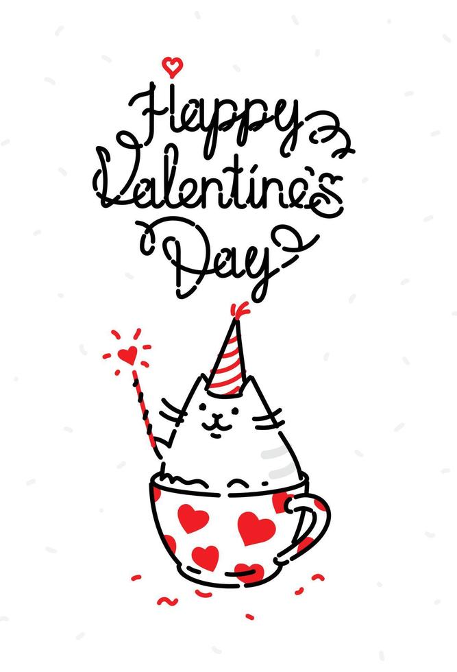 Vector illustration of a cat on a valentines day holiday. Kitty in the cup congratulates, wishes happiness. Valentines Day, February 14.