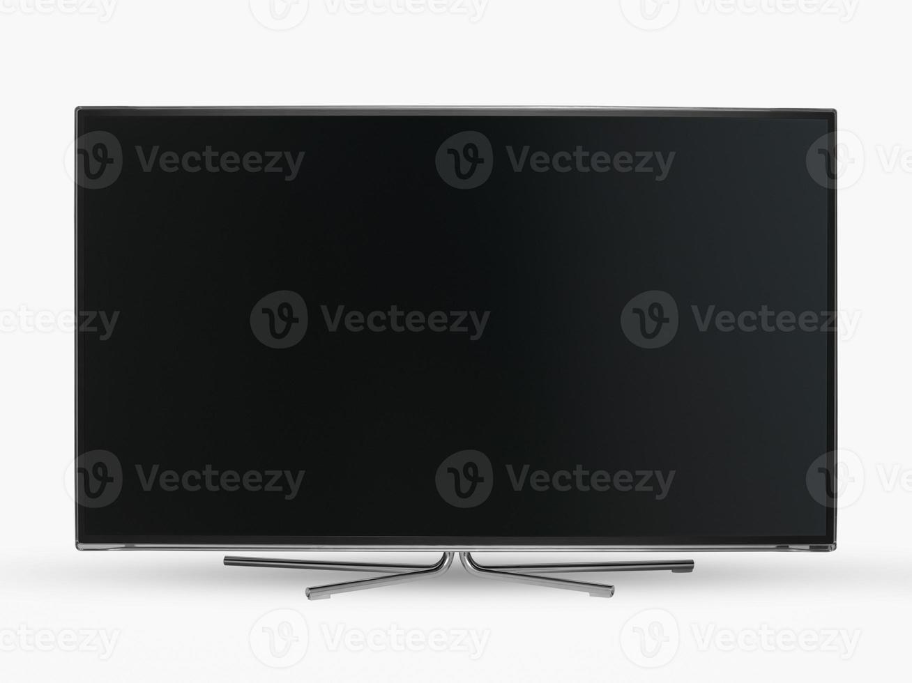 closeup of a modern widescreen LCD TV with flat screen and metal legs on white background photo