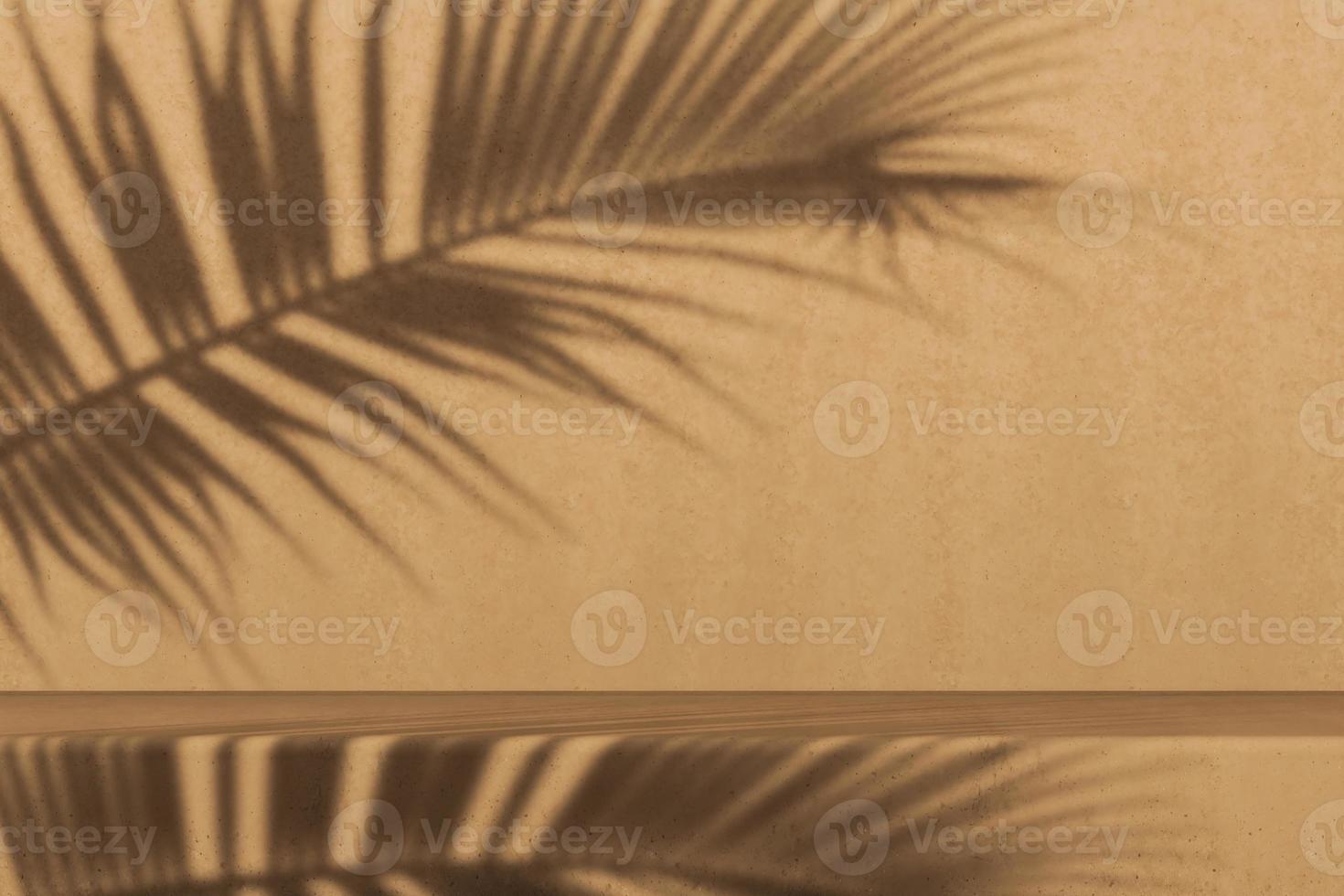 Minimal background for branding and product presentation, sunshade tropical plant shadow on brown cement step. photo