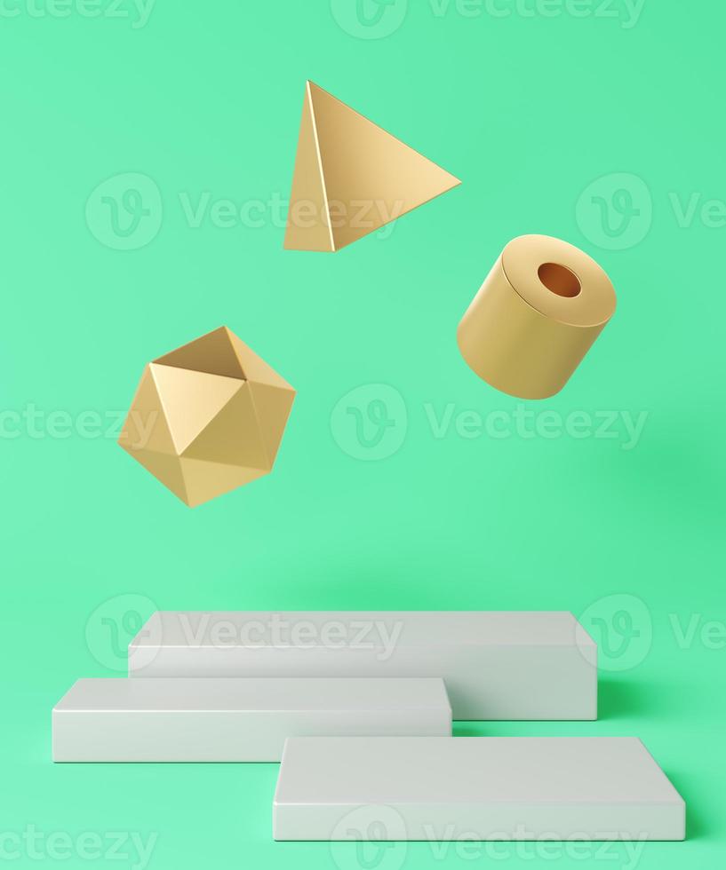 White base arranged in three pieces and three floating gold geometric objects on turquoise background, minimalist background for branding and presentation. 3d rendering photo