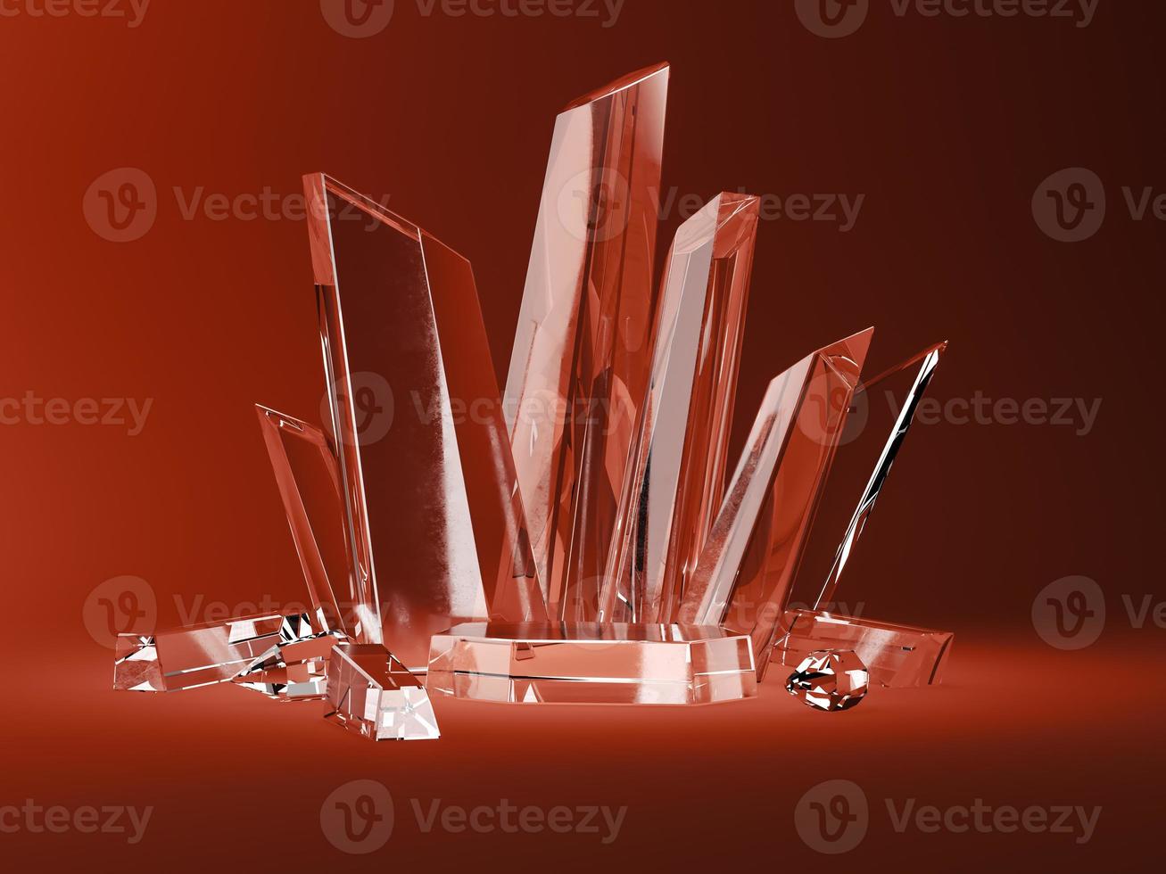 The crystal base and the crystal sticks in the red scene. abstract background for accessories or jewelry. 3d rendering photo
