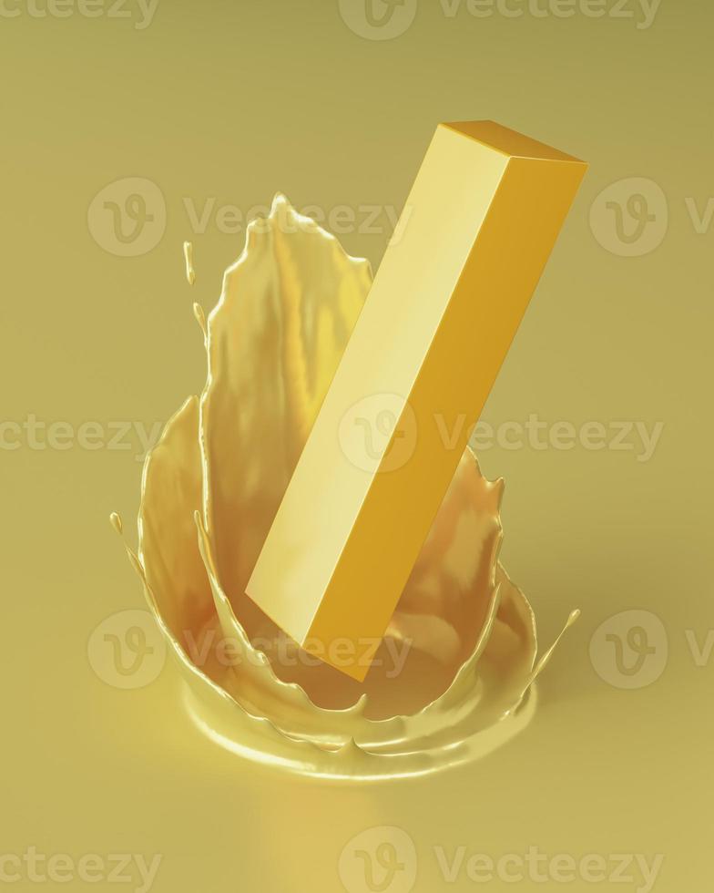 The bullion fell in the middle of the splashing gold liquid. 3d rendering photo