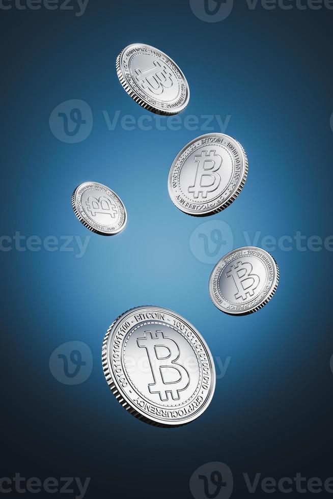Silver Bitcoin coins float on blue background, For crypto currency market, token exchange promoting, advertising purpose. 3d rendering photo