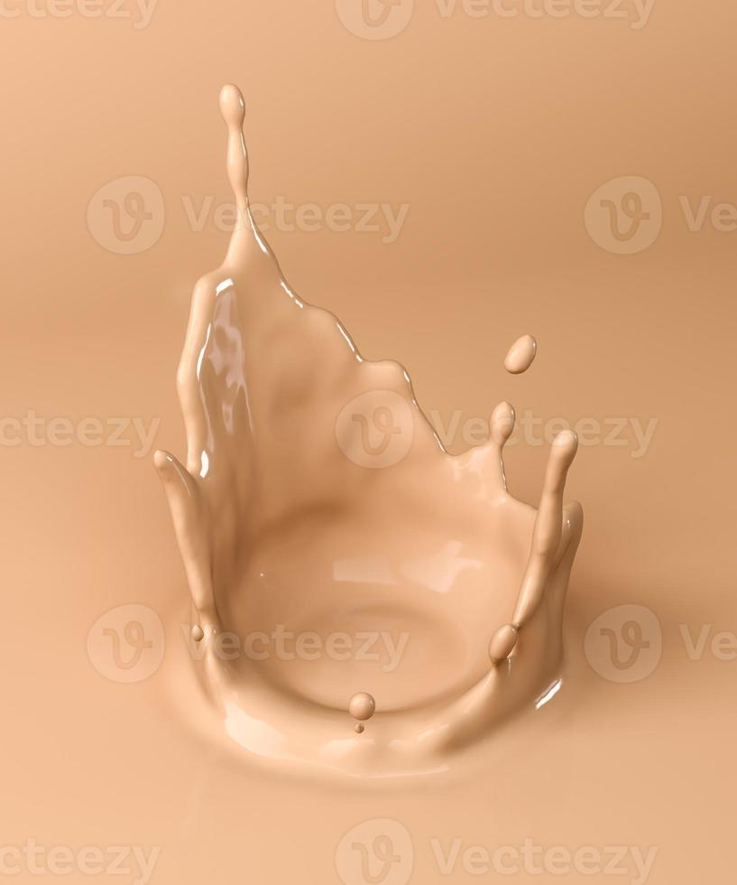 Top angle beige liquid splash in beige scene, abstract mockup background for presentation. 3d rendering photo