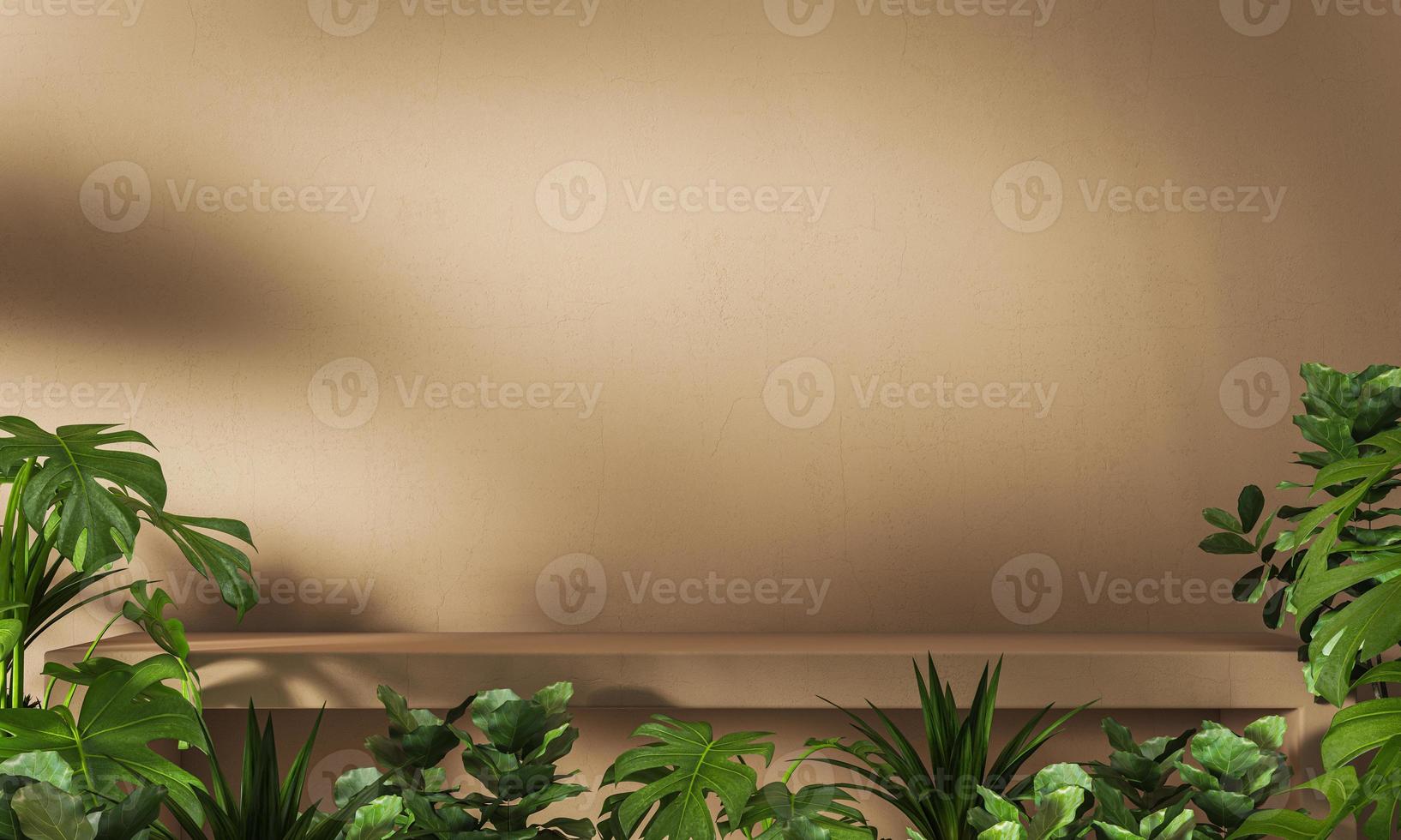 Abstract background for branding and product presentation, sunshade tropical plant shadow on brown cement step. 3d rendering photo