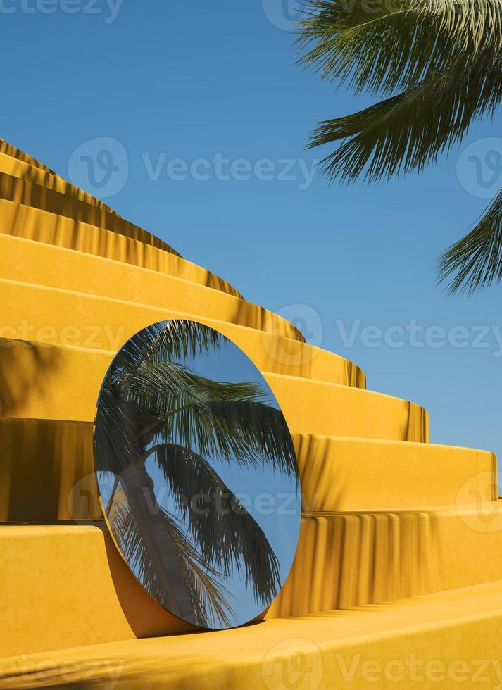 The circle mirror and yellow step, Sunshade coconut shadow and blue sky, abstract background for summer season presentation. photo