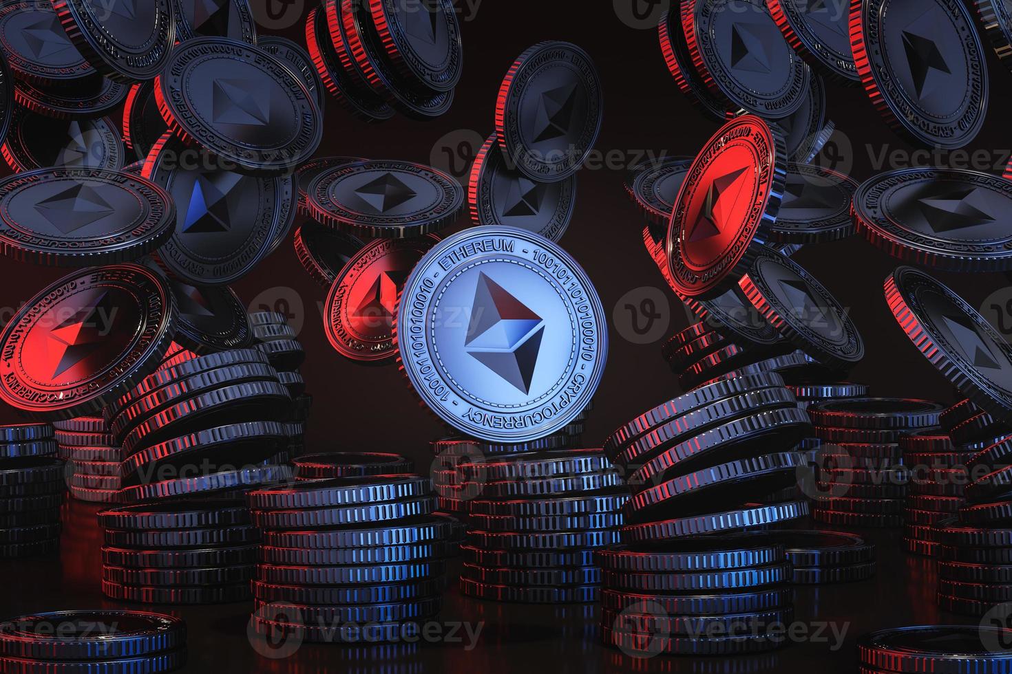 Blue silver Ethereum coins falling from above in the black scene, mockup digital currency coin for financial, token exchange promoting, advertising purpose photo