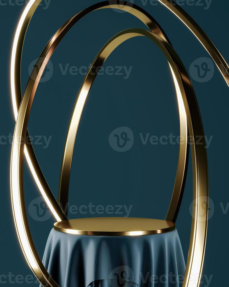 Blue podium and gold top table, floating golden ring. abstract background for product presentation or ads. 3d rendering photo