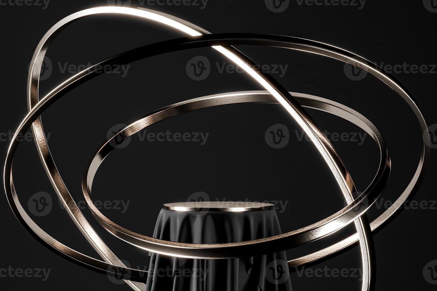 Black podium and nickel top table, floating nickel ring. abstract background for product presentation or ads. 3d rendering photo