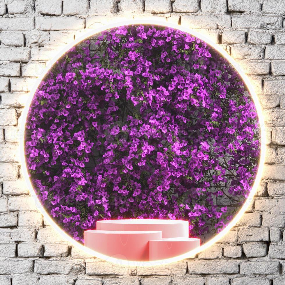 The reflection from the glass sees a three pink podium and purple flowers on white brick, abstract background for branding and product presentation. photo