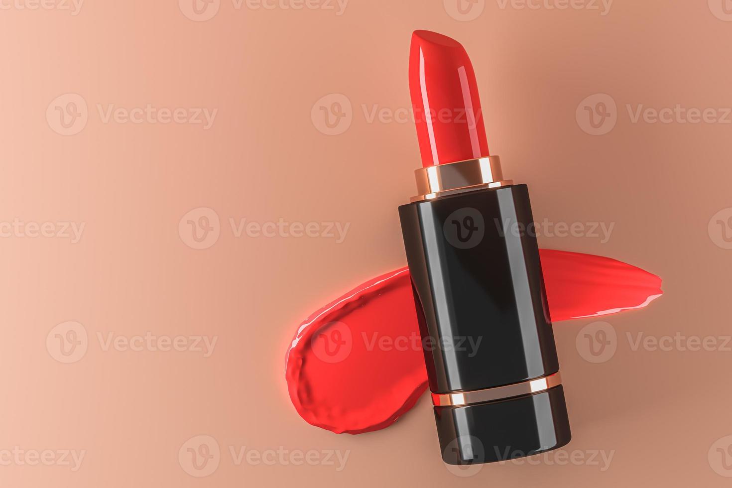 the red lipstick black base and red cream lipstick on beige backdrop, minimal cosmetic background for ads branding or presentation. 3d rendering photo