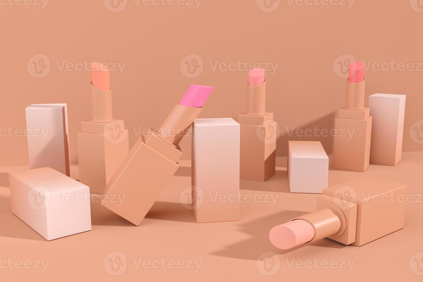many beige lipstick random color texture in beige backdrop, minimal background for ads branding or presentation. 3d rendering photo