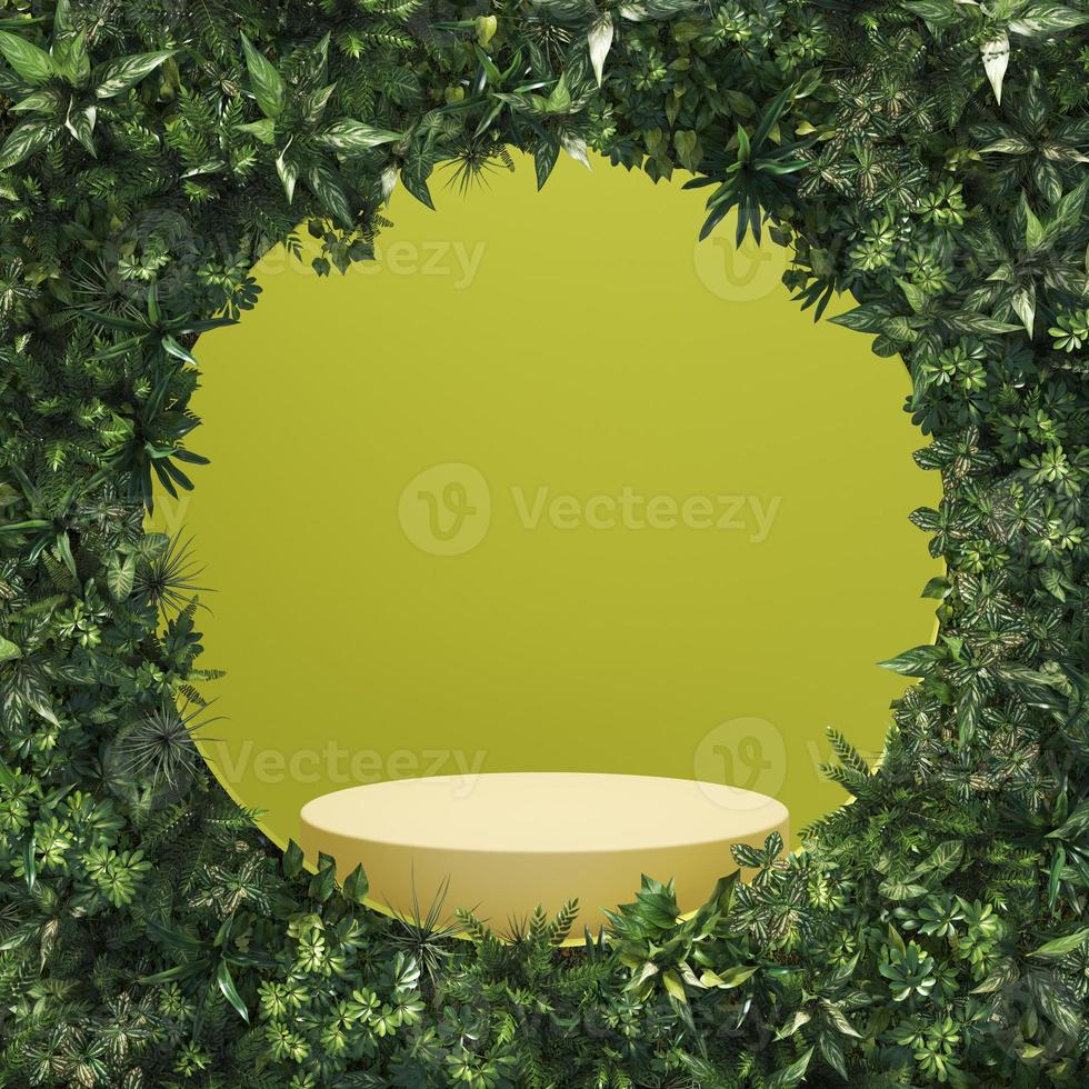 abstract ivy cylinder display in front of the green room and podium, mockup for show the product. photo