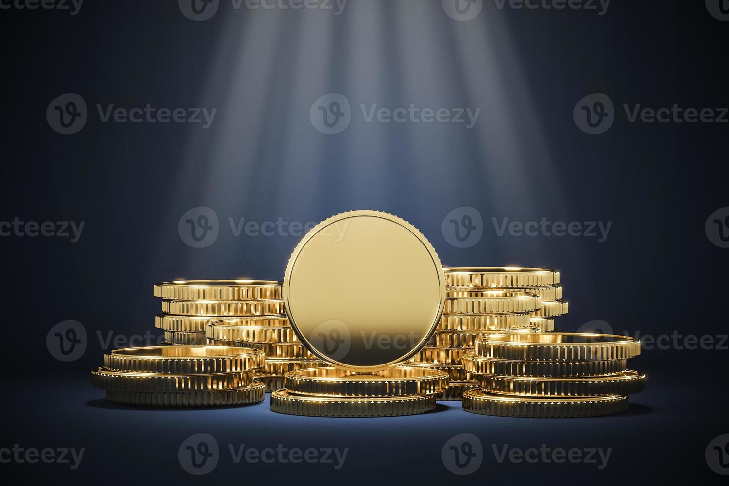 Mockup golden coin pile and lighting spot, mockup background for financial presentation. 3d rendering photo