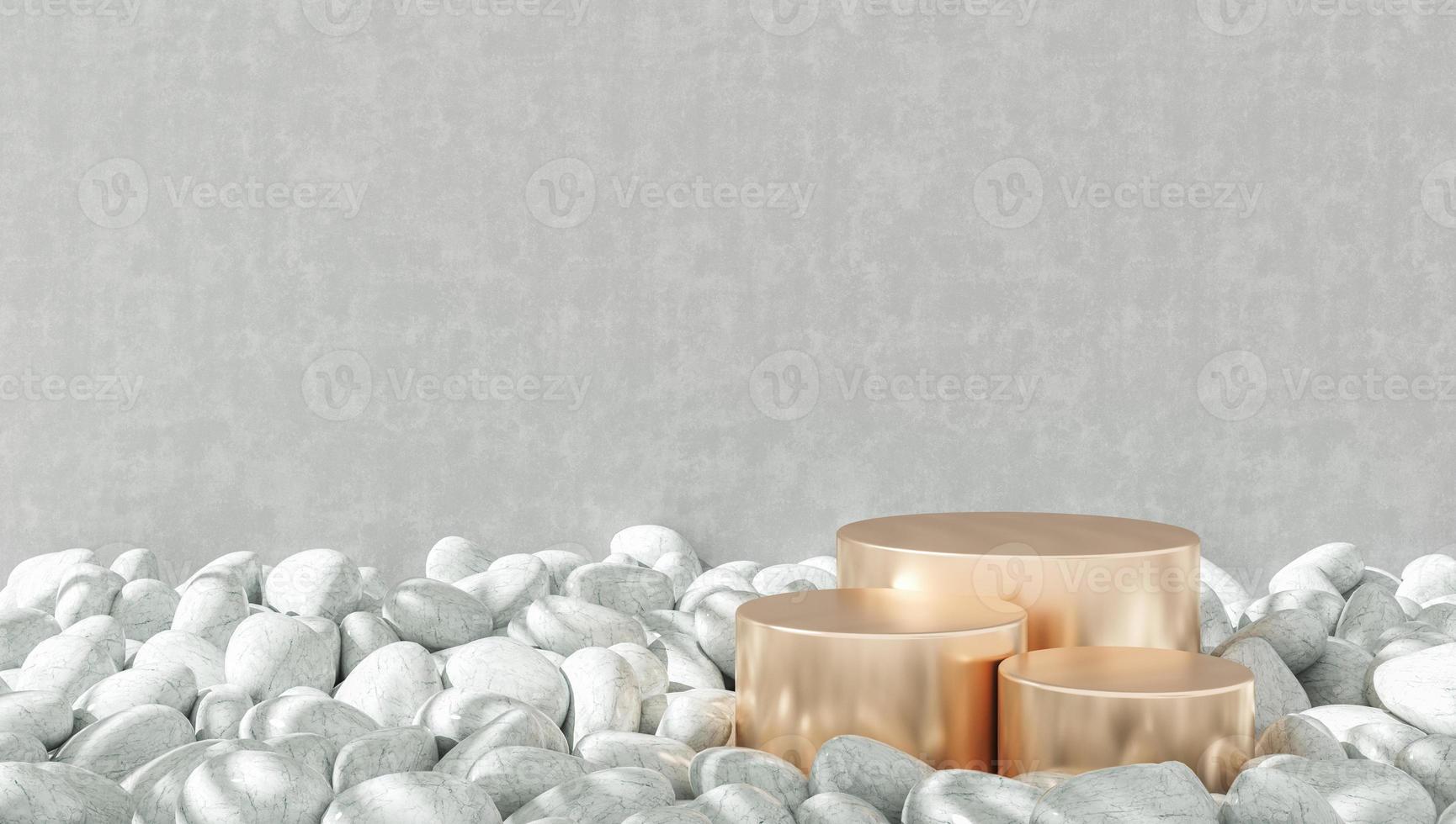 Minimalist mockup background for product presentation, three champagne gold podium on white gravels, gray cement wall background. 3d renderin photo