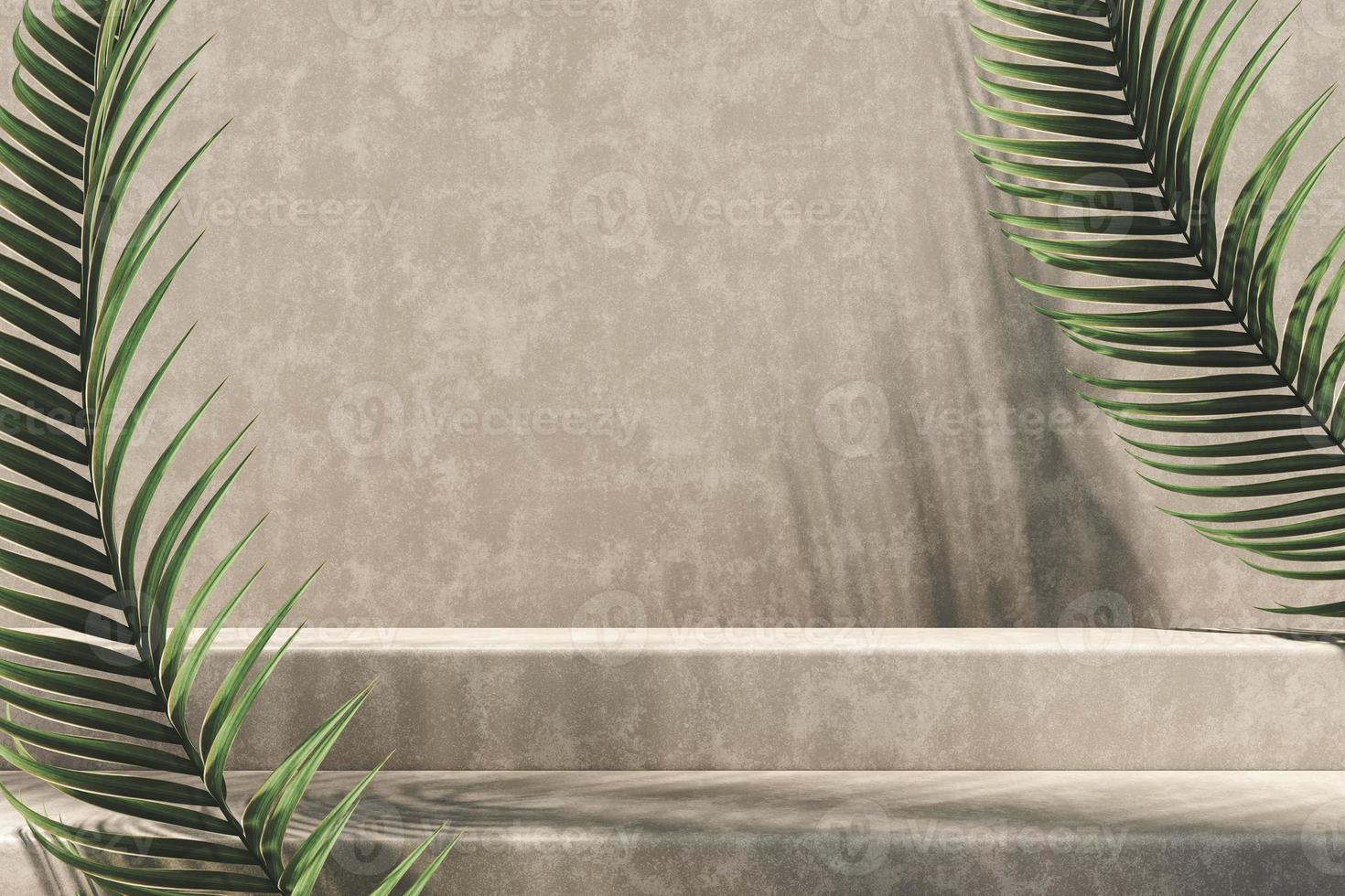 Minimalist mockup background for product presentation, light brown cement step and wall, sunlight and palm leaf shade. 3d rendering photo