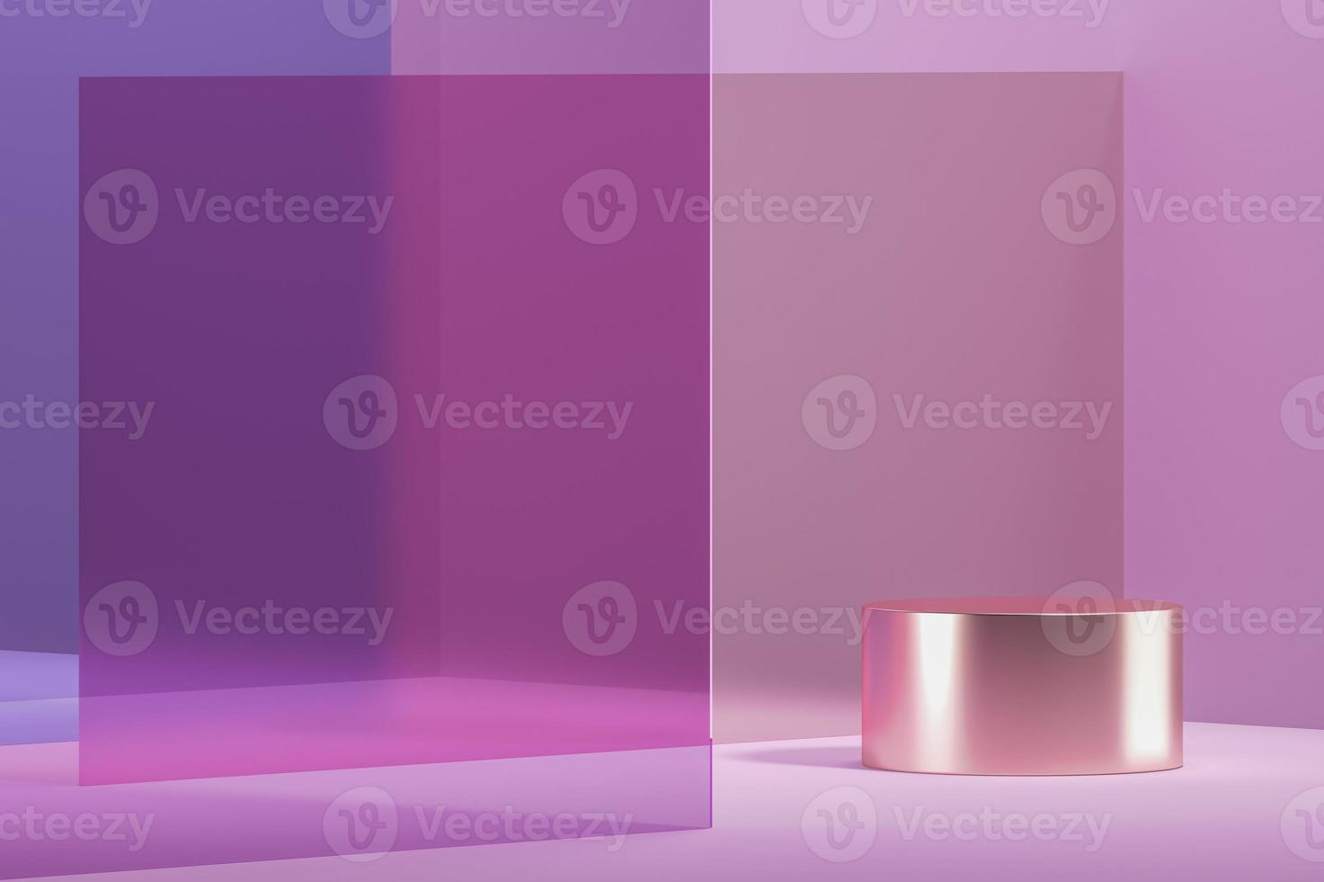 Abstract background for product presentation or branding, Champagne metal platform and and purple glass stacked. 3d rendering photo