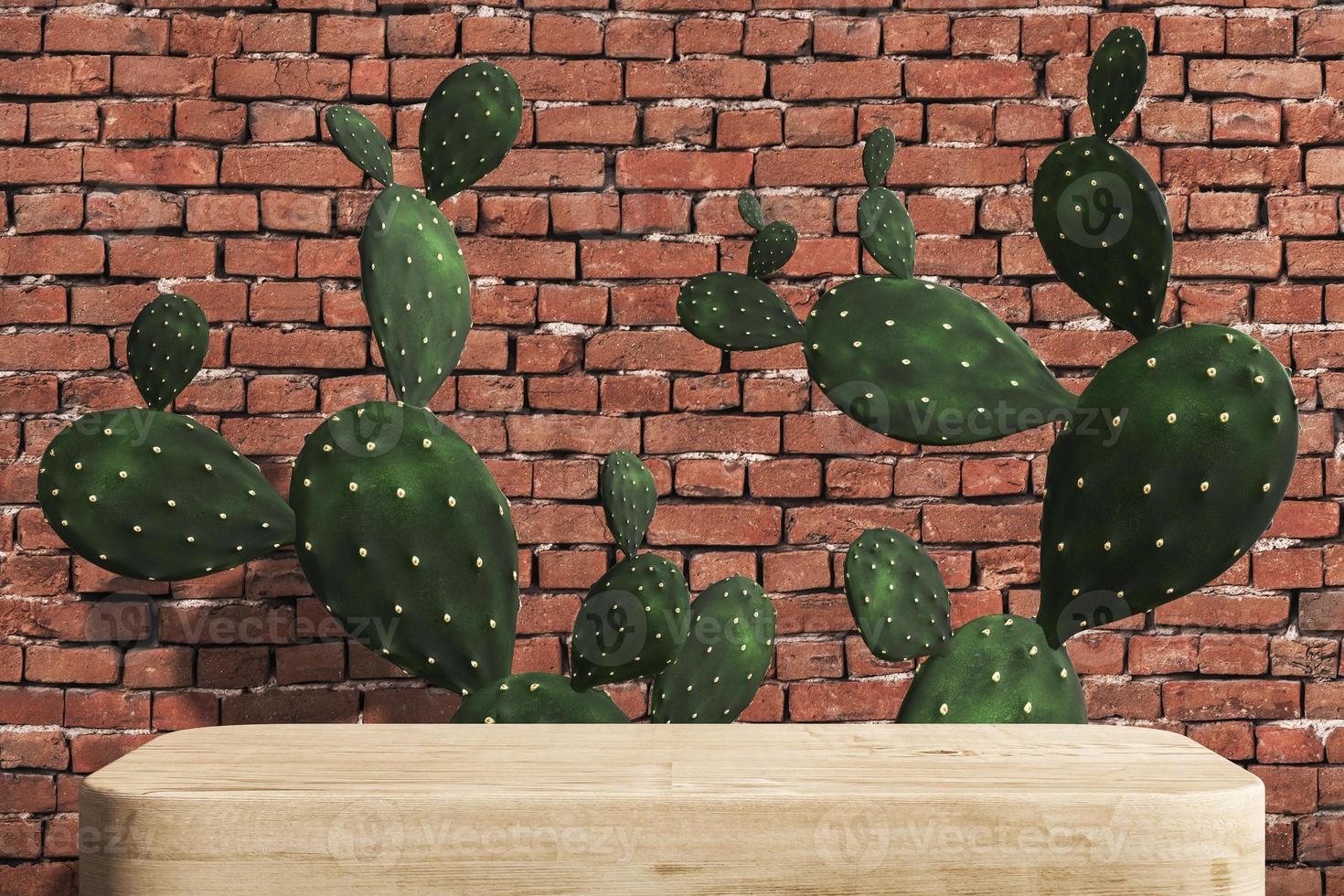 The wooden platform for product presentation, Cactus and red brick wall background. 3d rendering photo