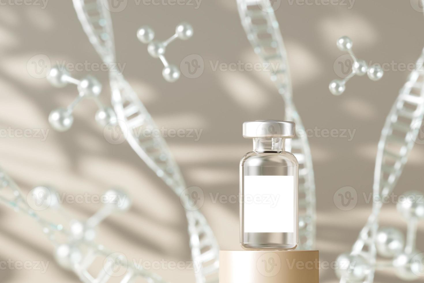 Mockup vaccine bottle on beige platform and molecules background, focus to bottle and blur background and foreground, abstract background for cosmetic presentation or branding. 3d rendering photo
