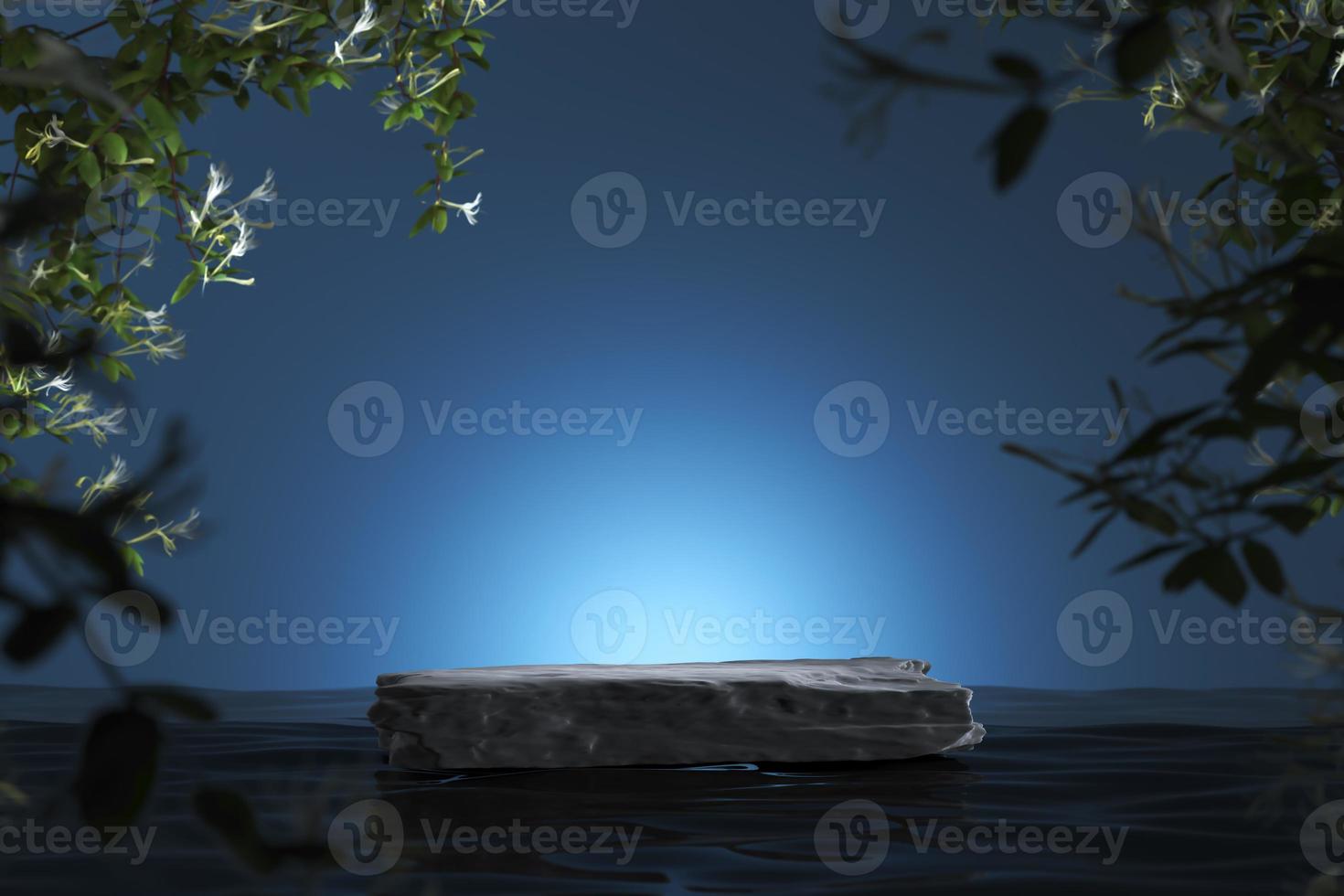 Black stone slab on water and highlight on blue background. Blur plants foreground. Mockup background for product presentation or ads. 3d rendering photo