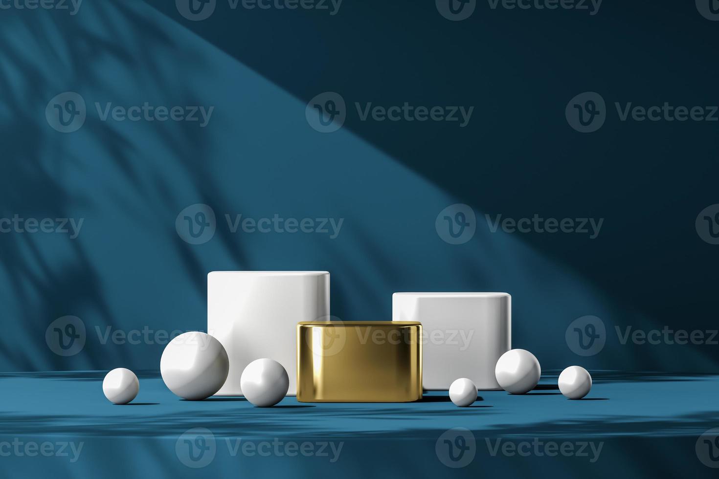 Gold podium among on many white objects, blue platform and plants shade on background, abstract background for product presentation or ads. 3d rendering photo