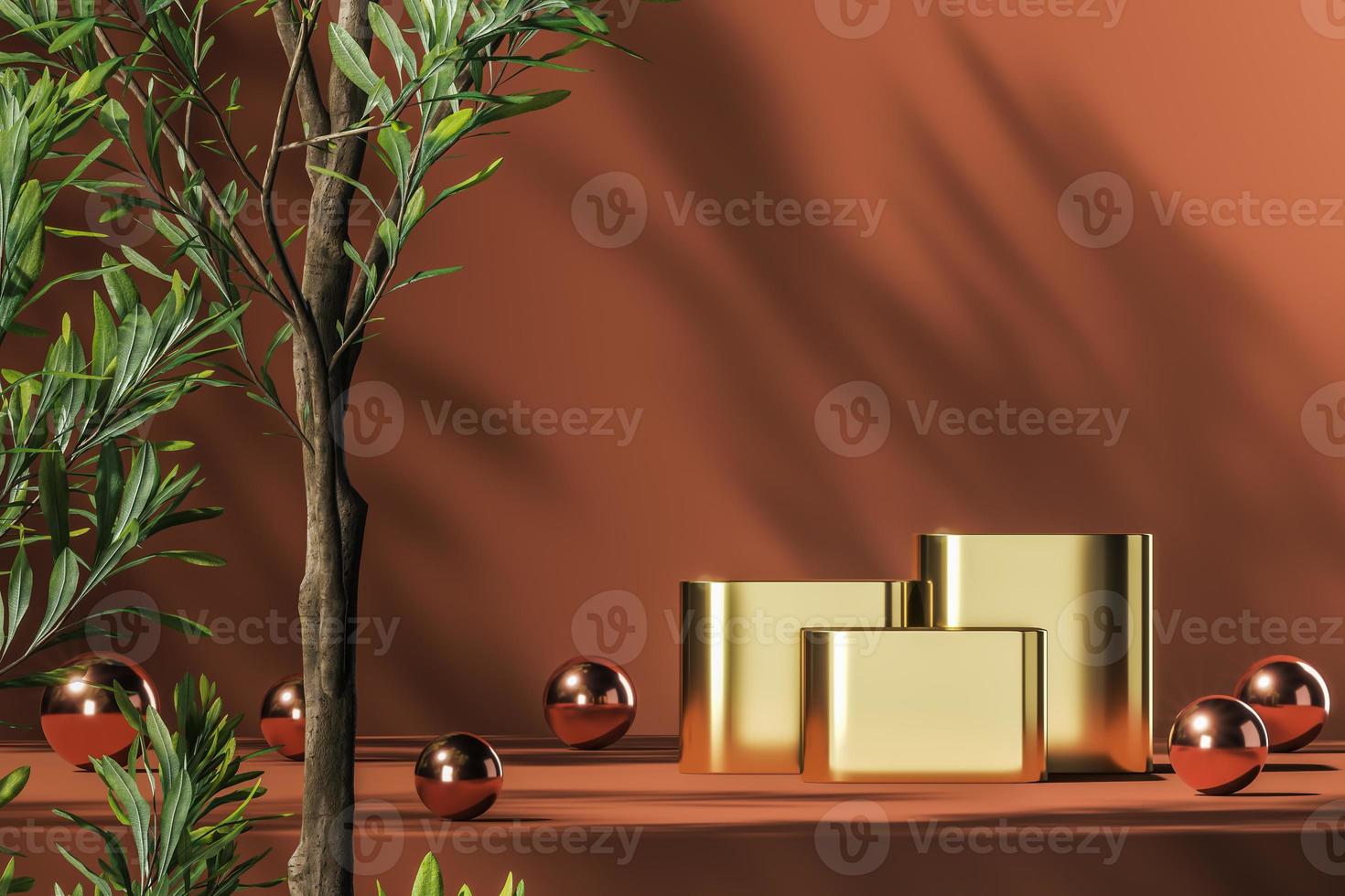 Three gold podiums and red shiny balls on orange platform, green plants foreground and plants shade background, abstract background for product presentation or advertising. 3d rendering photo