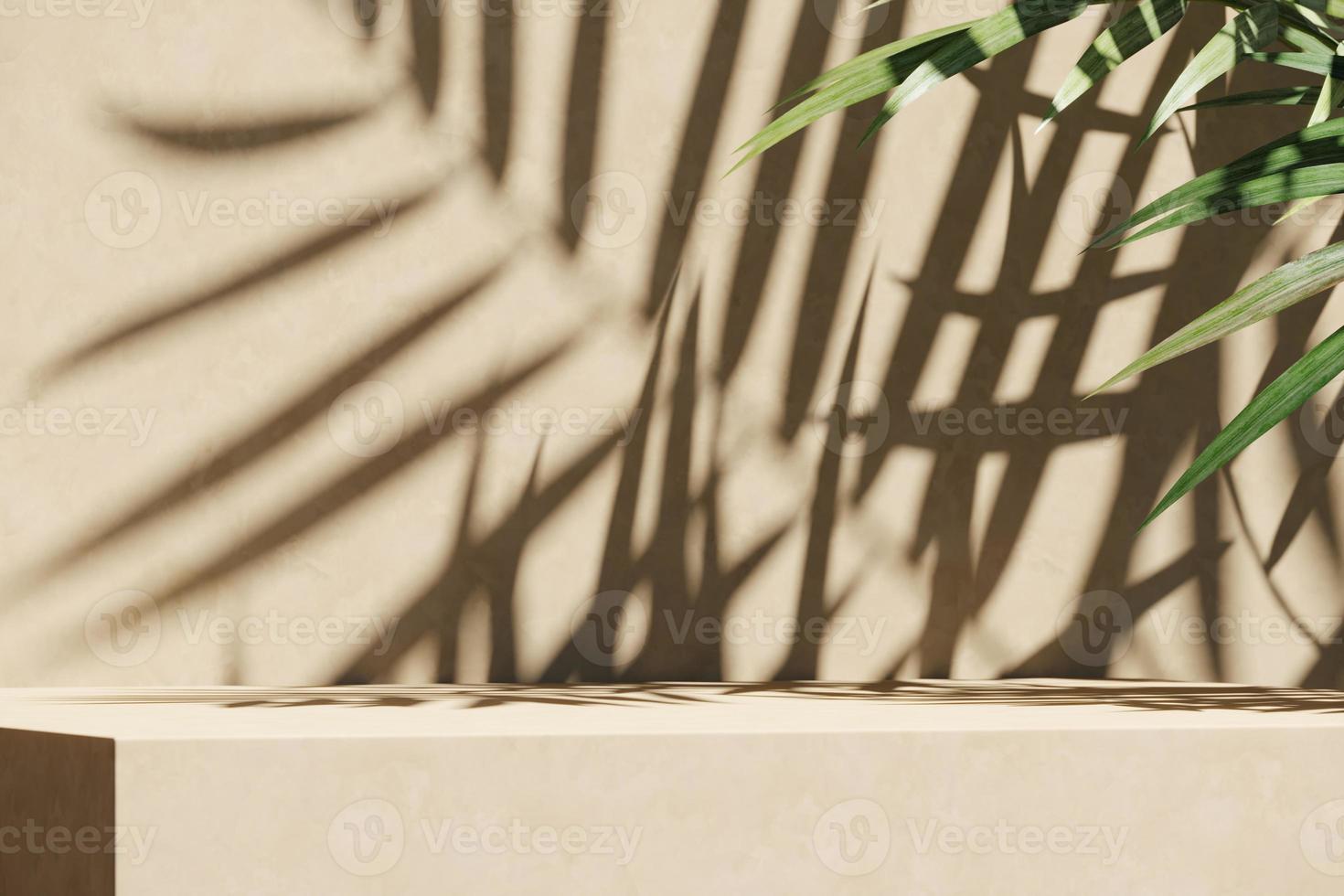 Beige platform and tropical plants foreground, Sunshade shadow on wall. abstract background for product presentation or ads. 3d rendering photo