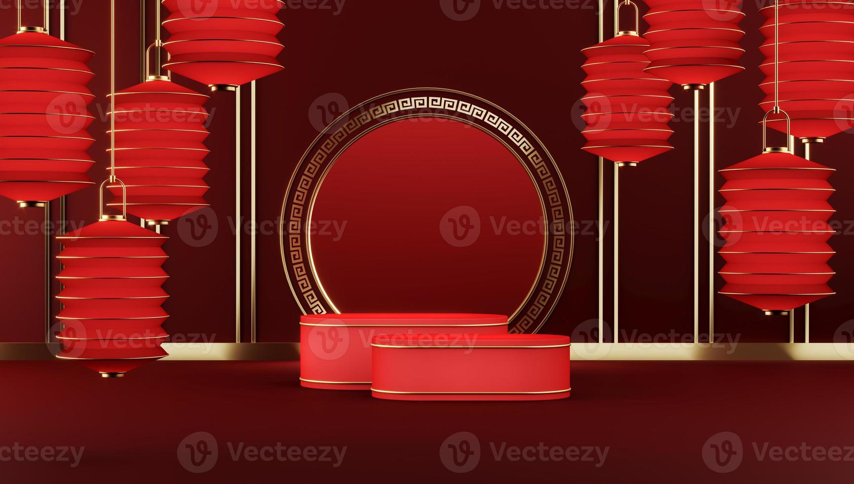 Two red platform on red mockup chinese style, red lanterns hanging around.abstract background for product presentation or ads. 3d rendering photo