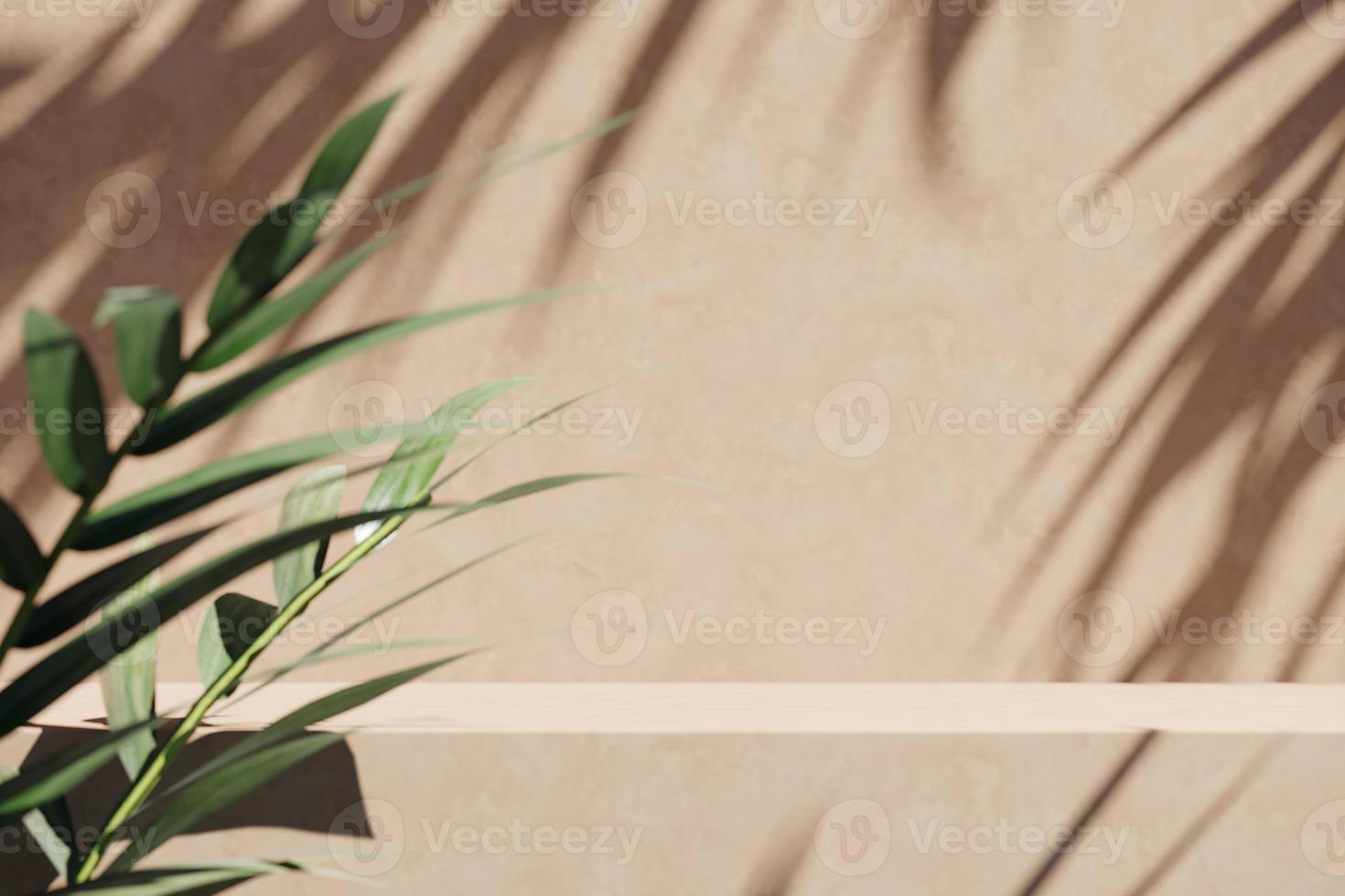 Beige platform and blur tropical plants foreground, Sunshade shadow on wall. abstract background for product presentation or ads. 3d rendering photo