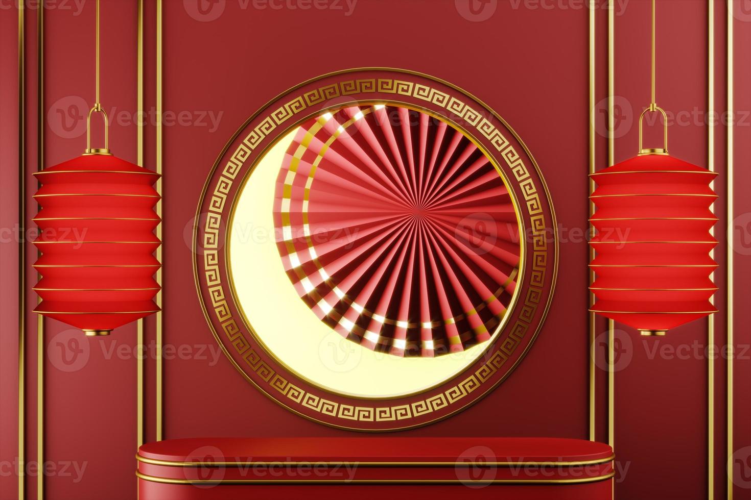 The red platform on red backdrop chines style, Chines circle gold frame window and chinese fan, Red lanterns hanging around.abstract background for product presentation or ads. 3d rendering photo