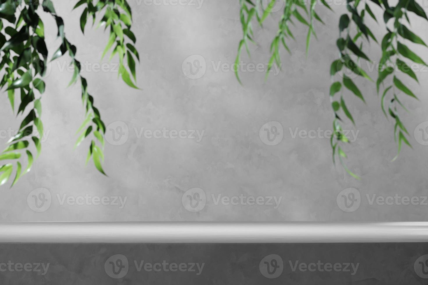 White platform and blur tropical plants foreground. abstract background for product presentation or ads. 3d rendering photo