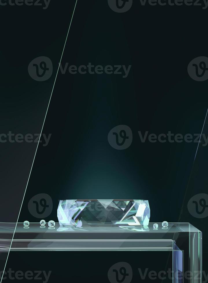 Crystal base on glass platform, dark background, Background for product presentation. 3d rendering photo