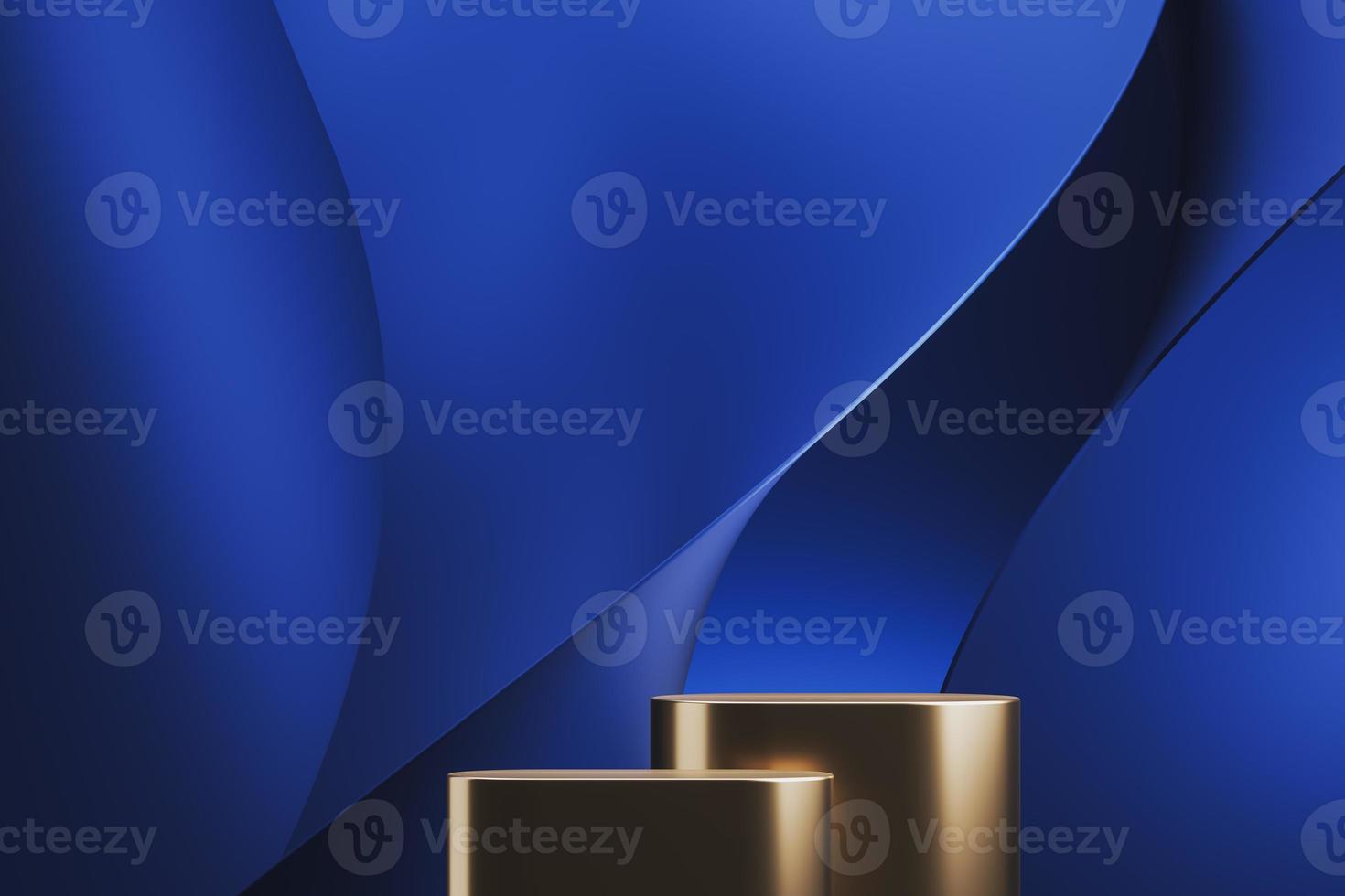 Two golden platform on blue abstract background. abstract background for product presentation or ads. 3d rendering photo