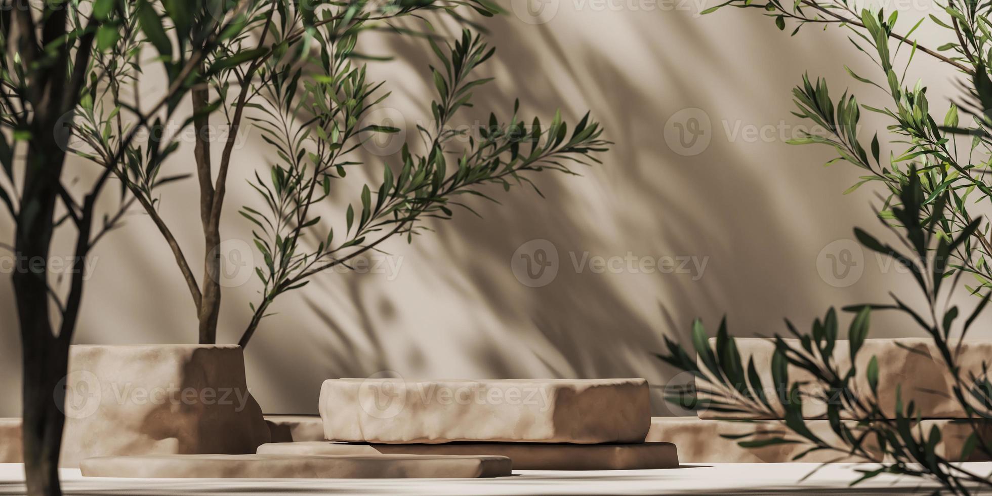 Beige stone slab for product presentation on mockup plants scene, Sunshade and tree shadows on wall, abstract background for product presentation or ads. 3d rendering photo