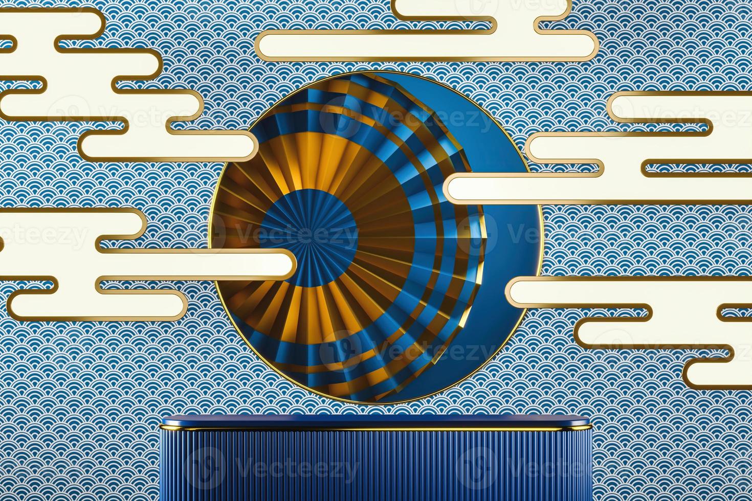 Blue platform on backdrop japan style, gold frame and blue chinese fan, fish scale pattern and clouds, abstract background for product presentation or ads. 3d rendering photo