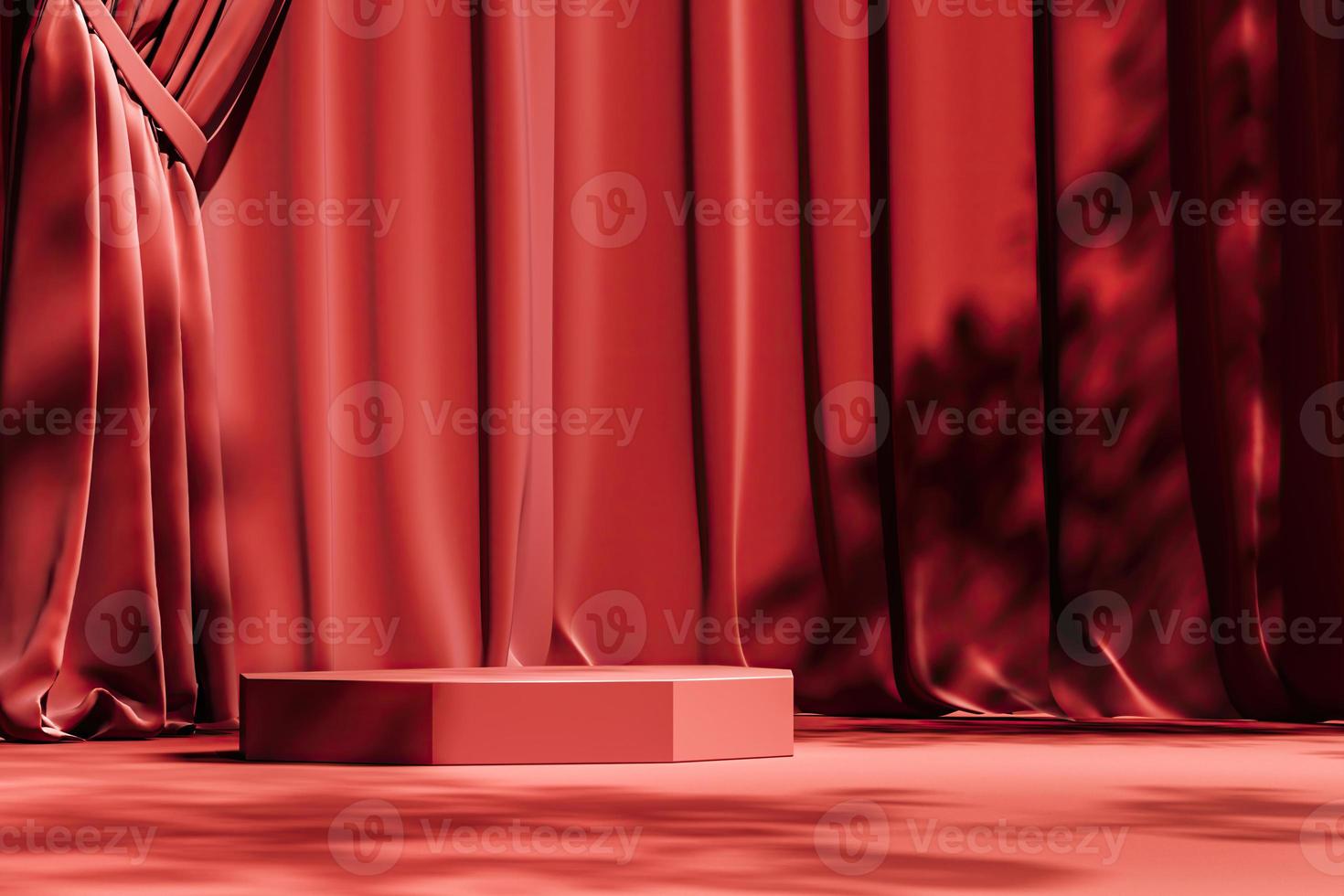 plataforma roja en la escena de la cortina roja, sombrilla y sombra de árboles en el fondo. fondo abstracto para la presentación de productos o anuncios. representación 3d foto