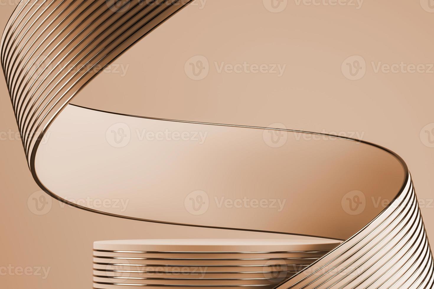 Beige podium on abstract soft background, beige ribbon and gold line texture bending around podium. minimal background for product presentation. 3d rendering photo