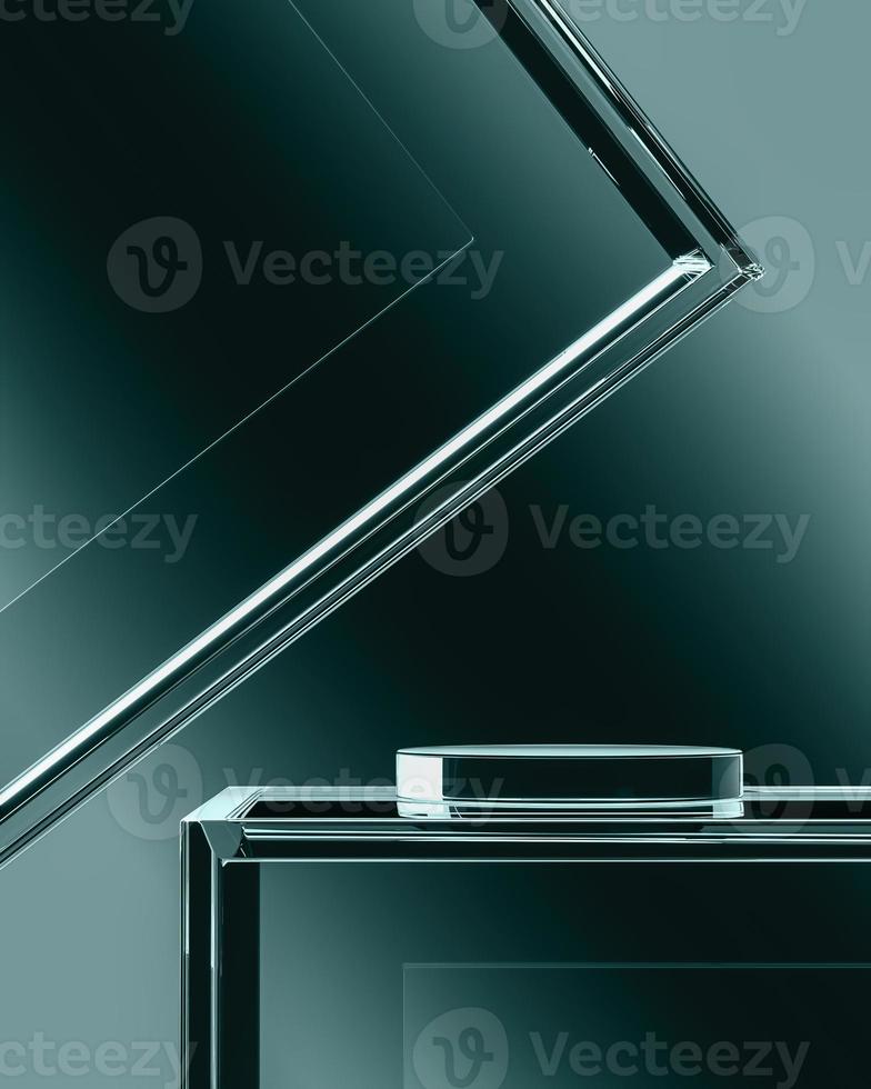 Glass platform on dark green background, Background for product presentation. 3d rendering photo