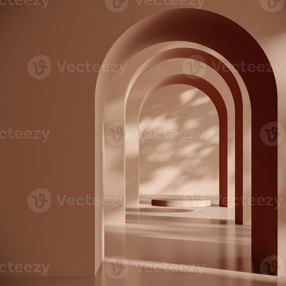 Brown platform on arch wall background, mockup scene for product presentation, 3d rendering photo