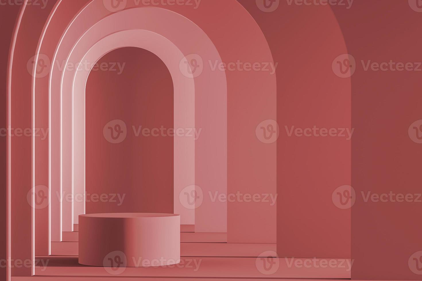 Cylinder platform on gradient arch wall pattern background. mockup scene for product presentation. 3d rendering photo